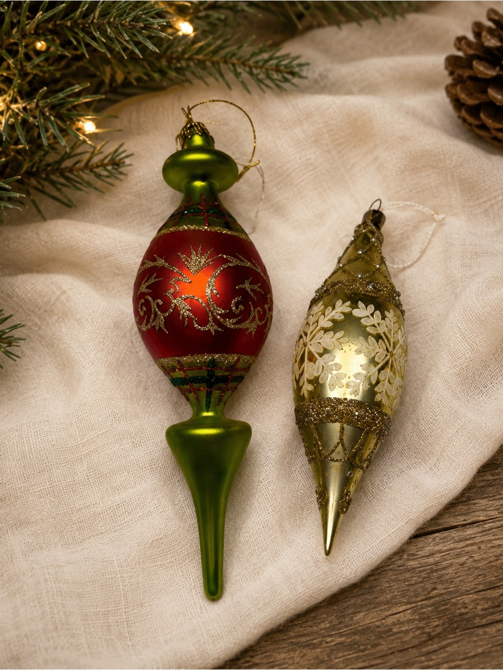 Two Glass Blown Red & Green Christmas Tree Ornaments